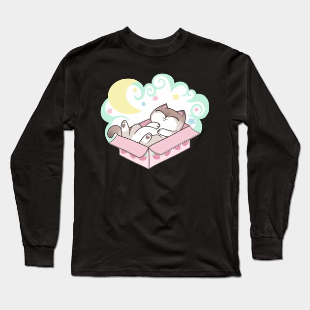 Sleepy Cat in Cardboard Box Cute Pastel Kawaii Long Sleeve T-Shirt by BluVelvet